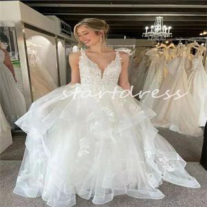 Elegante vestido de novia estilo bohemio campestre 2024 con crin de caballo que hunde una línea Princesa Vestidos de novia bohemios con volantes escalonados Tul Elegante encaje sin espalda Novia elegante