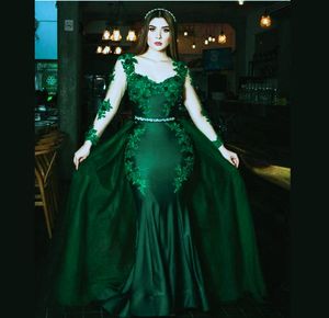 Robes de bal de sirène vert émeraude chic avec jupe détachable à manches longues en dentelle robes de soirée formelles élégantes arabes Dubaï femmes Pageant tenue d'occasion spéciale