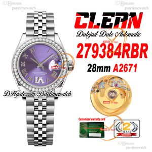 Clean Factory CF 279384RBR A2671 Montre automatique pour femme 28 mm Lunette Daimonds Cadran diamant violet 904L Bracelet Jubileesteel Super Version Femme Puretimewatch