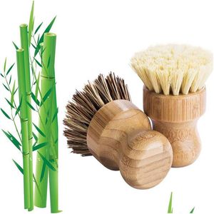 Brosses de nettoyage Nature manche en bois brosse de cuisine sisal palmier Phoebe bambou court plat rond pot de lavage brossage livraison directe maison Dh8BN