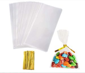 Sacs de friandises en cellophane transparents pour violoncelle avec attaches métalliques, sacs-cadeaux en plastique pour bonbons de boulangerie, cadeaux de fête, biscuits, emballage de bonbons