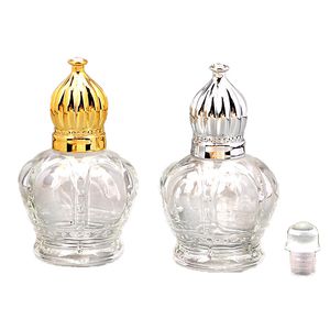 Rollo de vidrio transparente en botella de aceite esencial, botella de perfume de 15 ml con tapa de corona negra dorada y plateada
