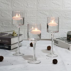 Candelita de cristal de tallo largo de vidrio transparente, candelabros altos flotantes, juego de 3 tamaños, centro de mesa para decoración del hogar de boda