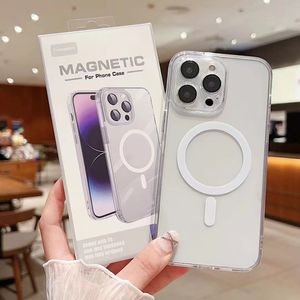 Cajas de teléfono magnéticas transparentes Soft TPU Hard PC Cubierta a prueba de golpes con lente de cámara Protector de película para iPhone 15 14 Plus 13 12 11 Pro Max Magsafe con paquete al por menor DHL