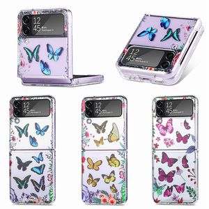 Clear Phone Cases for Samsung Galaxy Z Flip 4 3 5G Butterfly Print Hard PC Slim Antichoc Full Body Protection Wireless Charging Cover Z flip4