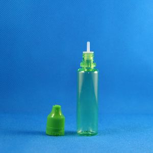 ¡Venta de liquidación! 100 juegos/lote 25 ml UNICORNIO VERDE PET botellas cuentagotas de plástico con tapas de seguridad a prueba de manipulaciones a prueba de niños separables punta larga y delgada almacenar líquido 25 ml