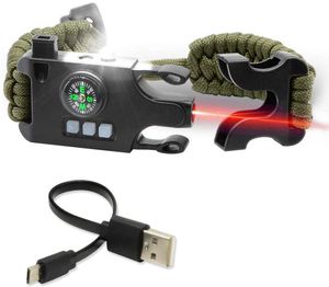 Cuerdas de escalada Pulsera de pulsera de supervivencia táctica Kit de equipo de emergencia con láser Infrarrojo SOS Linterna LED Lámpara UV Brújula Silbato de rescate 230614