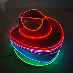 Cloches Western LED Sombrero de vaquero Sombrero de vaquera Retro LED Luz Brim Jazz Sombrero de copa Brillante Sombrero de novia Cosplay Traje de vaquero para mujeres Hombres 230620