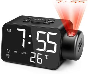 Horloges Accessoires Autre Projection Réveil Radio FM LED Projecteur Numérique Mur 180 Dimmable Double Avec Batterie De Secours Chargeur USB