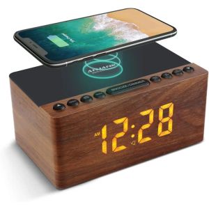 Clocks Digital LED ALARME RADIO FM, Station de chargeur sans fil rapide, port de chargement USB, minuteur de sommeil pour chambre, chevet, bois de bureau