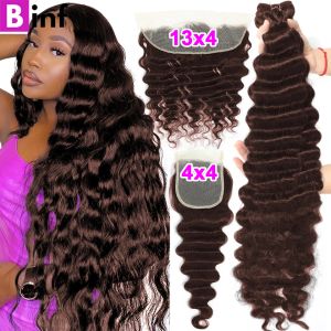 Fermeture # 4 Couleur Lâche Vague Profonde Bundles Avec Frontal Brésilien Cheveux Brut Armure 3/4 Bundles avec Fermeture Chocolat Brun 100% Cheveux Vierges