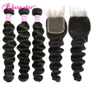 Fermeure des boucles profondes en vrac avec fermeture des cheveux brésiliens bundles avec une fermeture jazz star helix wave non rainy 100% humain cheveux