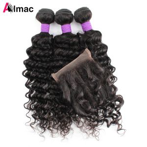 Fermeure Couleur naturelle Paquets de cheveux humains à vagues profondes avec 4x4 Lace Fermeure Brésilienne Remy Hair Extension 200g / Set Free Part Lace Swiss