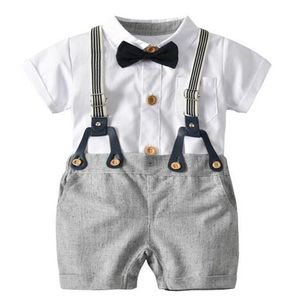 Conjunto de ropa para niños pequeños, Top de manga corta, peleles, pantalones con tirantes, pajarita, traje de tres piezas, ropa para bebés