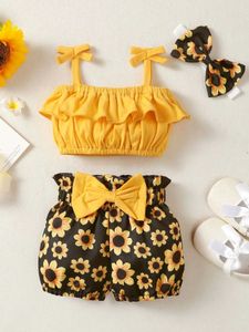 Ensembles de vêtements 0-3 ans nouveau-né bébé filles été jaune sans manches fronde haut fleur imprimé shorts mode mignon enfant en bas âge costume