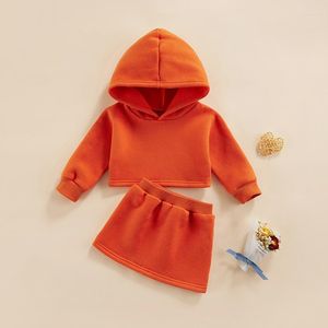 Ensembles de vêtements 0-5ans 2pcs enfants filles printemps automne survêtement solide orange à capuche manches longues sweat-shirt taille élastique jupe costumes