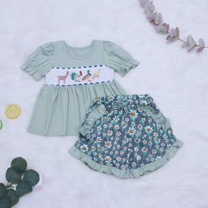 Conjuntos de ropa 18T Baby Girl Suits Conjuntos de verano con lindo ciervo de dibujos animados pollo pato pájaro bordado verde manga corta patrón de flores pantalones caliente W230210