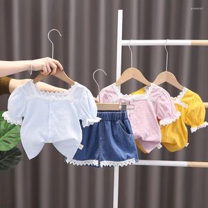 Conjuntos de ropa 2023 conjunto de ropa de verano para niña pequeña camisa de encaje pantalones vaqueros pantalones cortos 2 uds traje lindo traje de cumpleaños chico Casual