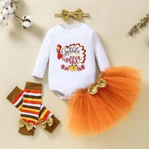 Ensembles de vêtements 2024-08-05 Lioraitiin 0-18M bébé filles Thanksgiving vêtements dinde imprimer manches longues barboteuse Tulle jupe bandeau chaussettes tenue