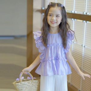 Ensembles de vêtements 2024 Korean Summer Children Girl 2 pièces Lace Lace Fold Shirt Fringe Edge Straight Jand Pantal pour filles 4-12 ans