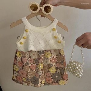 Vêtements Ensembles 2pcs Baby Suit Summer Design Neck Top 2024 Girls Tricoted Flower Skirt Fashion Kids Boutique Vêtements