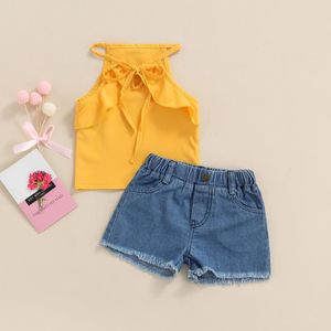 Conjuntos de ropa, 2 uds., conjunto de verano para niñas, camisetas sin mangas con volantes de Color sólido, pantalones cortos de mezclilla deshilachados para niños de 2 a 7 años