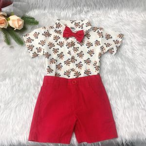 Conjuntos de ropa 2 piezas niños pequeños bebé niño Caballero traje Formal oso camiseta pantalones cortos niños Navidad para 6M-5Y