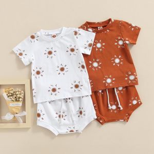 Ensembles de vêtements 2 pièces enfant en bas âge tenue d'été soleil imprimé col rond manches courtes T-shirts cordon élastique Shorts pour bébé filles garçons 0-18 mois