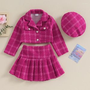 Vêtements Ensembles 3-7Y Enfants Filles Automne Hiver Tenues Bébé À Manches Longues Blazer Manteau Plaid Jupe Plissée Béret Enfants Vêtements De Mode