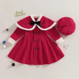 Ensembles de vêtements 3 7Y enfants filles automne vêtements d'hiver ensemble bébé à manches longues double boutonnage manteau rouge robe châle béret chapeau tenues de noël 231204