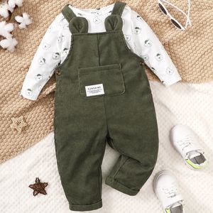 Ensembles de vêtements 324 mois bébé garçon mignon petit ours imprimé ensemble blanc à manches longues topgreen sangle pantalon automne pour enfant en bas âge fille 231013