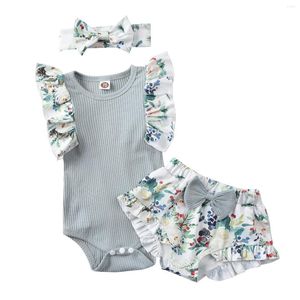 Ensembles de vêtements 3 pièces bébé fille vêtements d'été tenues shorts ensemble à manches courtes Floral body barboteuse haut à volants Bloomers bandeau en gros