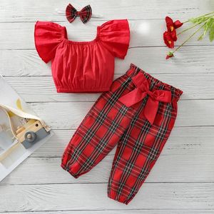 Conjuntos de ropa, 3 uds., ropa de Navidad para niñas pequeñas de 0 a 24M, camisetas lisas de manga corta con hombros descubiertos, pantalones estampados a cuadros, diadema, ropa