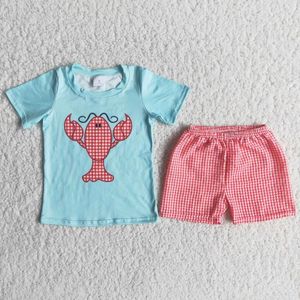 Conjuntos de ropa A8-3 Ropa para niños al por mayor Campaña de langosta de niños Camiseta verde Pantalones a cuadros Red Summer Baby