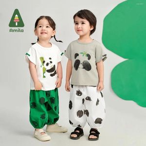 Ensembles de vêtements Amila 2024 Été garçons filles Panda Imprimé à manches courtes Polka Pantal médium mignon et amusant