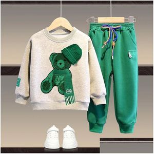 Conjuntos de ropa Otoño Baby Girl Boy Ropa Set Niños Deportes Oso de dibujos animados Sudadera Top y pantalones Buttom Traje de dos piezas Algodón Tra Dhkai