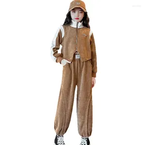 Ensembles de vêtements Automne Hiver Filles Chaud Kaki Épais Survêtements Occasionnels Enfants École Confortable Sport Tenues Coréen Sweatsuits