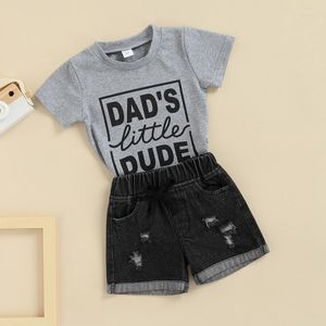 Ensembles de vêtements pour bébés garçons, pantalon deux pièces, costume gris, lettres imprimées, t-shirt à col rond et jean déchiré de 3 à 24 mois