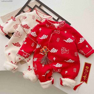 Vêtements ensembles bébé chinois vêtements traditionnels plus velours épaissir chaud hiver infantile vêtements d'extérieur unisexe nouveau-né garçon fille barboteuses pour le nouvel an l231202