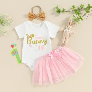 Sets de ropa Baby Girls Falda de Pascua Carta de manga corta Romper Tulle Tul Banda