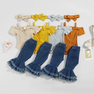 Vêtements ensembles nés Baby Girl Vêtements Summer 3pcs Tenue Ensemble à manches courtes Ribbed Raiper Denim Flare Pantal Band Infant