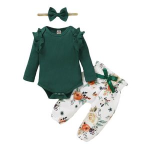 Conjuntos de ropa Trajes de otoño para niña nacida Ropa de bebé de 9 meses Sólido Rosa Amarillo Volantes Manga larga Mameluco Estampado floral Pantalones Conjunto de diadema