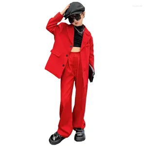 Vêtements Ensembles d'enfants pour filles pour filles Red Loose Casual Blazer Wide Jam Pant 2pcs Teenage Enfants Tenues 12 13 14 Girl Clothes Set Kids