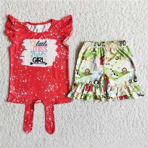 Vêtements d'été pour enfants Vêtements d'été rouge à manches courtes Tie Dye Little Miss Farm Girl Chemise à volants Ensemble bébé en gros à la mode