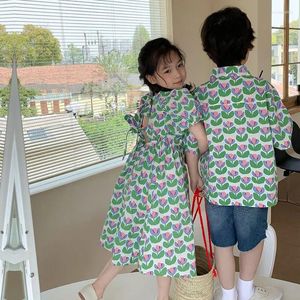 Conjuntos de ropa Niños Verano Moda Floral Hermanos Algodón Niños Camisas de manga corta Niñas Vestido con cordones en la espalda 2 a 11 años