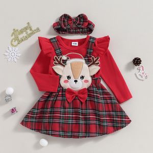 Kleidung Sets Weihnachten Baby Mädchen Kleidung Säuglings Kinder 3 stücke Outfit Ruffe Langarm Strampler ALine Elch Stickerei Plaid Rock stirnband Kostüm 230923