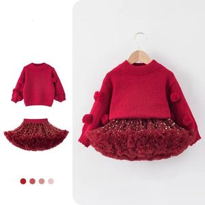 Ensembles de vêtements Filles de Noël Pull Rouge Chaud Automne Hiver Filles Tutu Jupes Solide Fluffy Tulle Princesse Robe de Bal Pettiskirt Enfants 231113