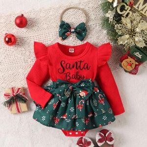 Ensembles de vêtements de Noël à manches longues Combinaison Robe Bowknot Bandeau Ensemble pour bébé filles Costume de cosplay festif Tenue de vacances