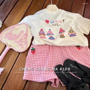 Ensembles de vêtements en coton Enfants Summer Summer Cartoon T-shirt Top Sweet Pink Plaid Shorts Two Piece Femmes For Girls