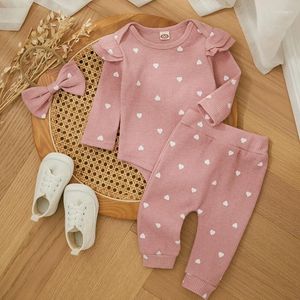 Conjuntos de ropa Lindo estampado de corazón Conjunto de ropa para niñas pequeñas Trajes de otoño de primavera para niños Pantalones de mameluco de manga larga Diadema 3 piezas Trajes infantiles